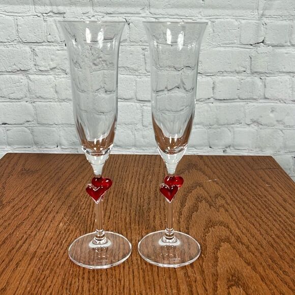 B- Crystal Champagne Flutes Hearts German Stolzle Lausitz L'Amour Valentine’s - Picture 1 of 5